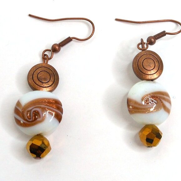 Handmade Copper Tone Glass Swirl Dangle Earrings Boho Festival Jewelry 2 1/8" - Picture 1 of 5